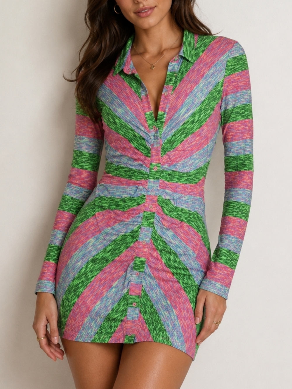 Zara Mini Dress Small Striped Long Sleeve Pink Green Blue Collar Ruched Knit